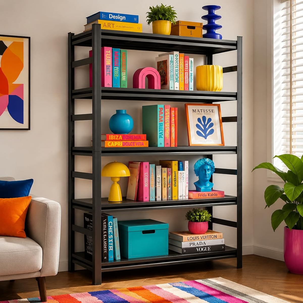 Bookshelf, Metal Wide Bookcase, Heavy Duty Adjustable Industrial Shelf for Living Room, Bedroom and Library, Black