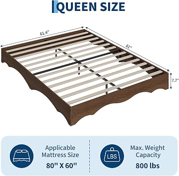 IDEALHOUSE Queen Wood Platform Bed Frame, Low Profile Bed Frame with Modern Wave Design, No Headboard, Noise-Free Wood Slat Support, No Box Spring Needed, Easy Assembly