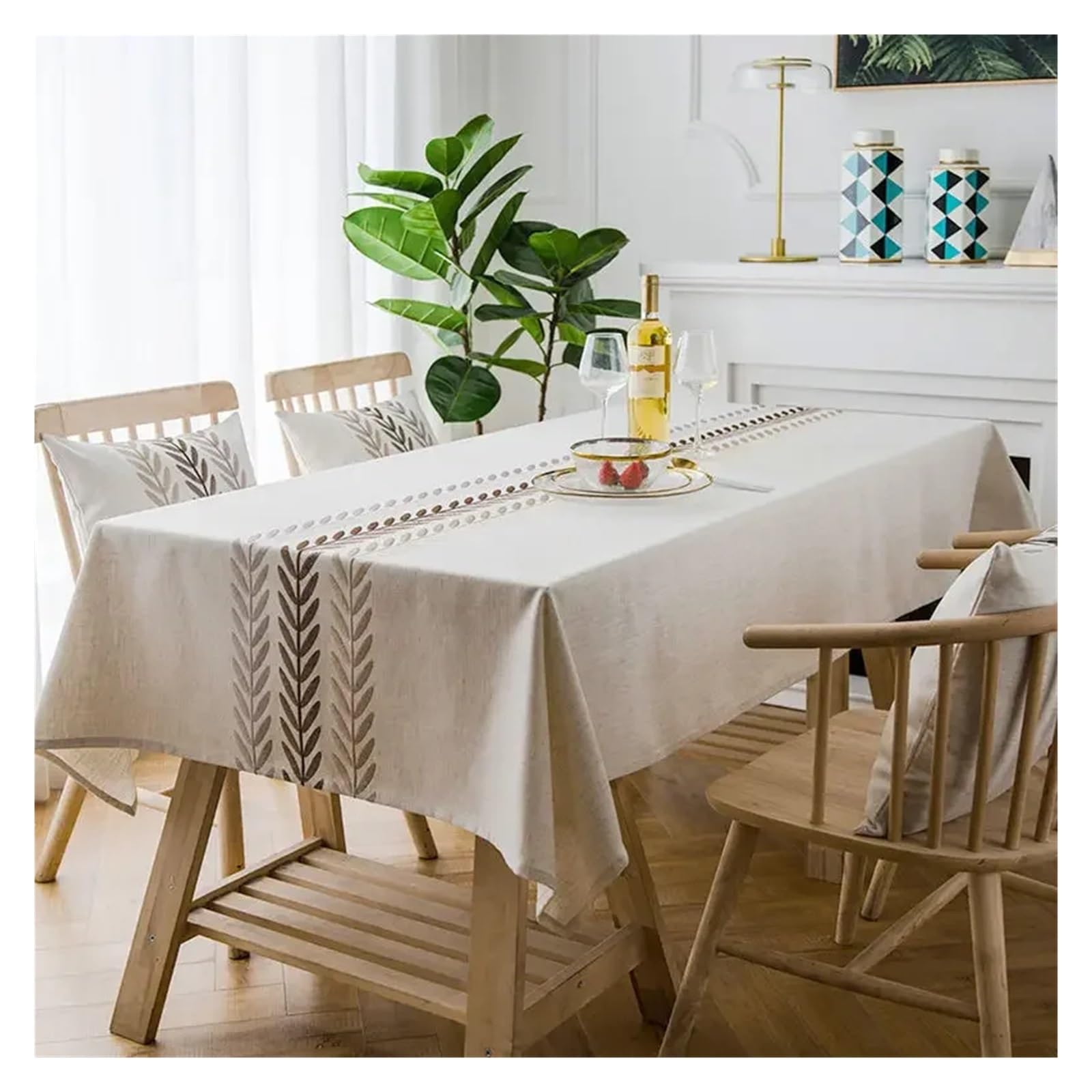 Mzsklw Without Tassels Waterproof Tablecloth Rustic Embroidery Tablecloths Cotton Linen Pattern Rectangle Waterproof Table Covers For Kitchen Living Room Decor(,140X300cm 1Pc)
