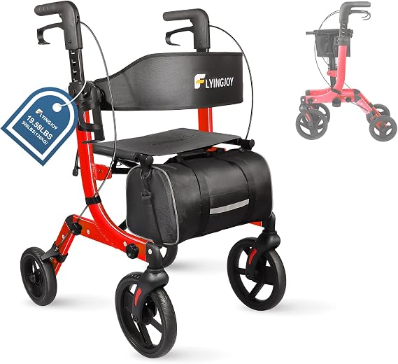 Lightweight Rollator Walker with Seat for Seniors, Foldable Rolling Walker with 10 Large All-Terrain Puncture-Proof Tires, Adjustable Height, Hand Brakes, and Storage Bag (19.58 lbs)
