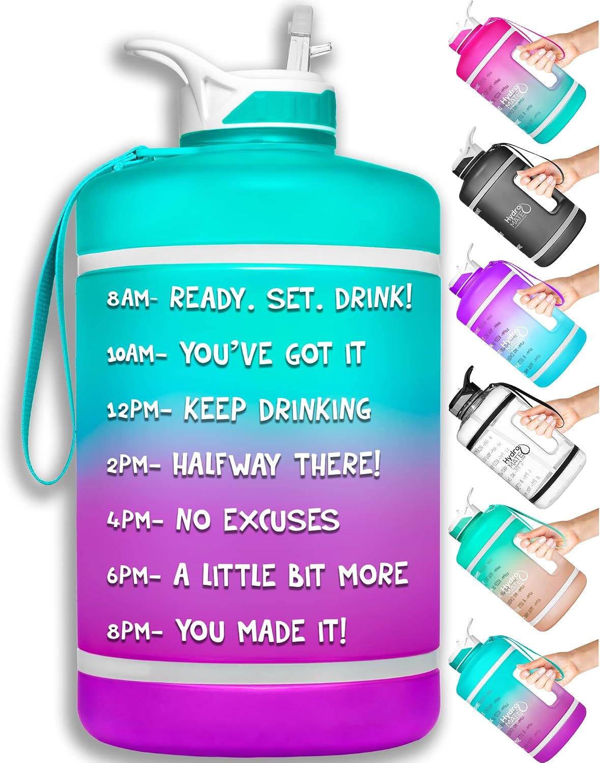 NatureWorks HydroMATE Gallon Water Bottle with Straw BPA FREE Leak Proof Reusable Water Bottle with Times to Drink Marked Hourly 128 oz