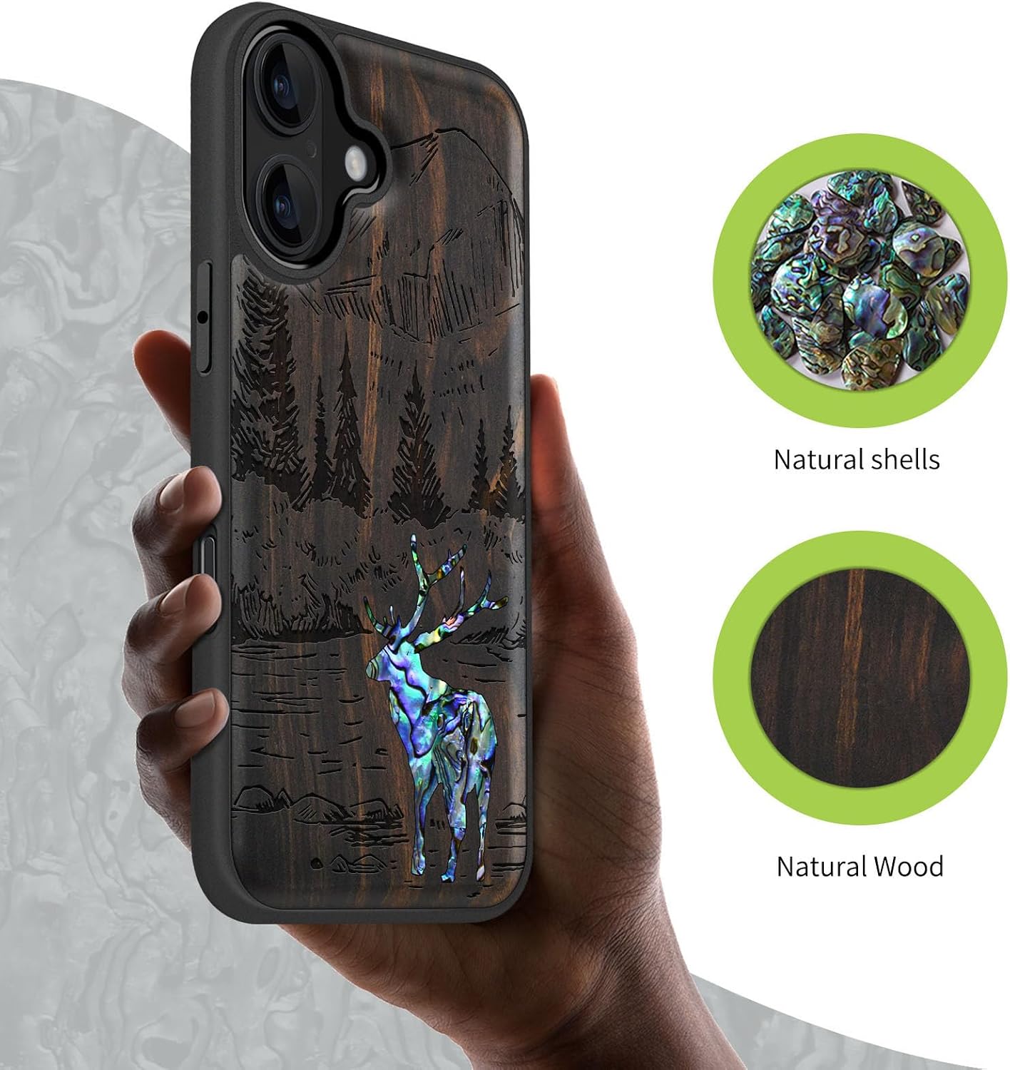 Carveit Magnetic Wooden Case for iPhone 17 Case, Wood Artisan Engraved & Handmade Shell Inlaid, TPU Shockproof Cover, Compatible with MagSafe Wireless Chargers (Forest Deer-Blackwood)