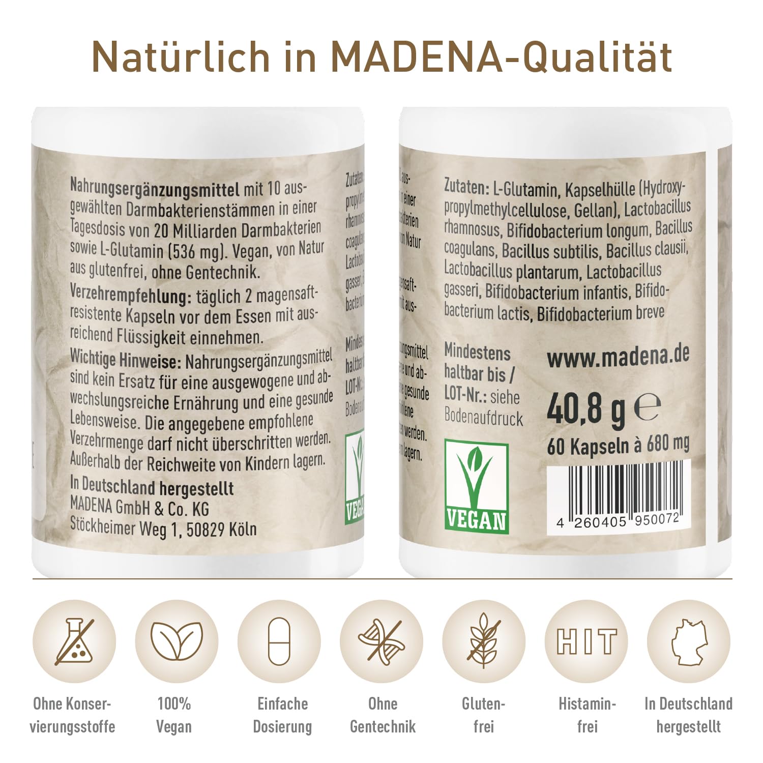 MADENA SiboEx Darmbakterien-Komplex ohne lösliche Ballaststoffe, 60 Kapseln mit 10 Bakterienstämmen (20 Mrd.) inkl. Bacillus coagulans, subtilis & clausii und L-Glutamin, vegan