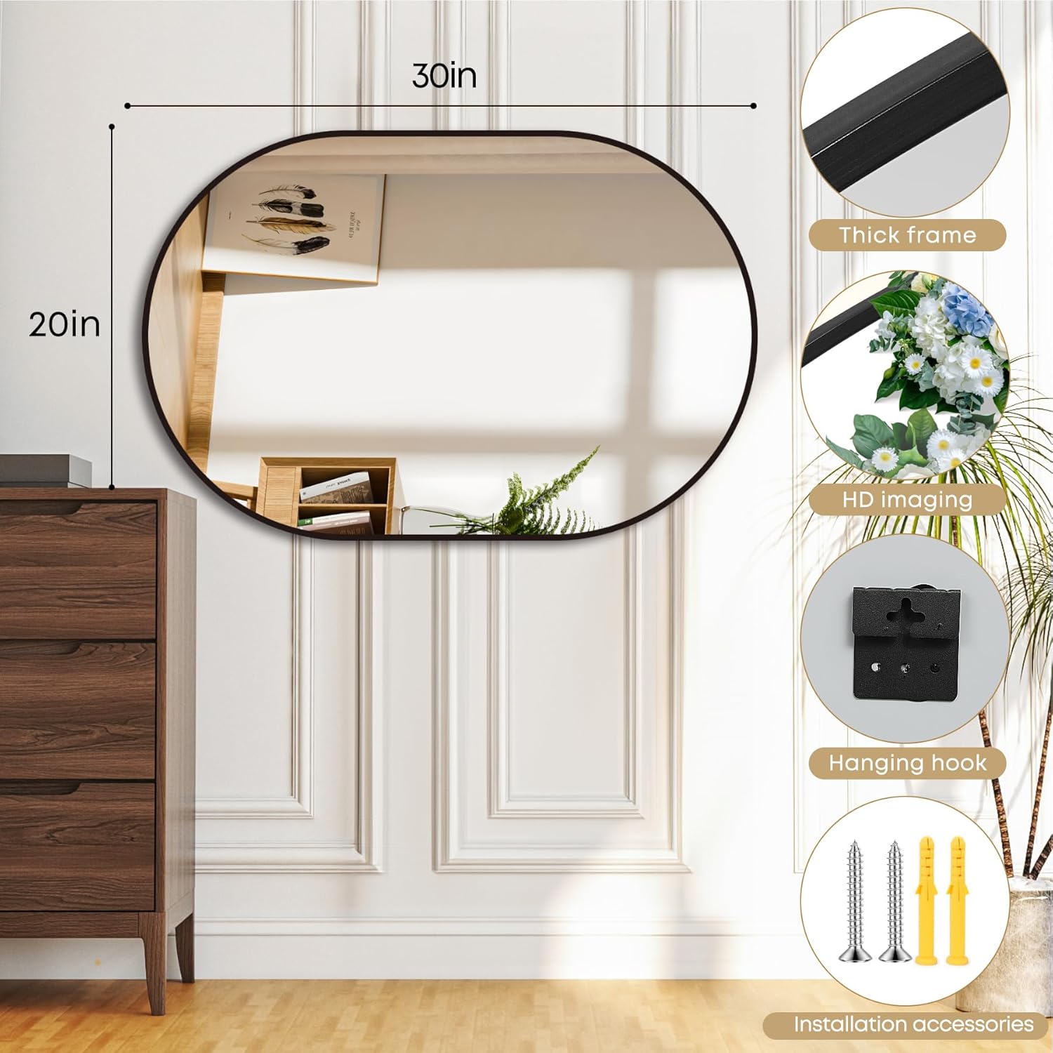 Oval Wall Mounted Mirror, 20"x30" Mirror with Aluminum Alloy Frame, Black Oval Mirror for Bathroom, Bedroom, Living Room,Black