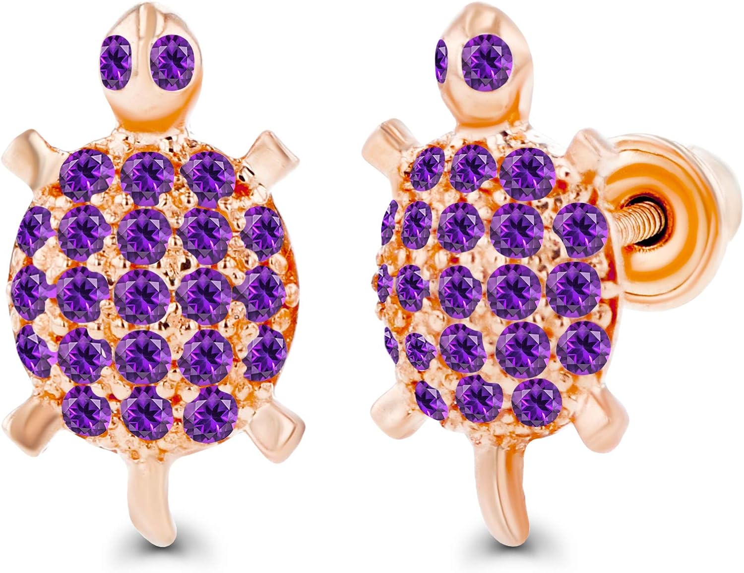 Solid 14K Gold 6x10mm Turtle Natural Birthstone Screwback Earrings For Women | 1mm Pave Birthstones | 1mm Round Pave Natural or Created Gemstone Turtle Screwback Earrings