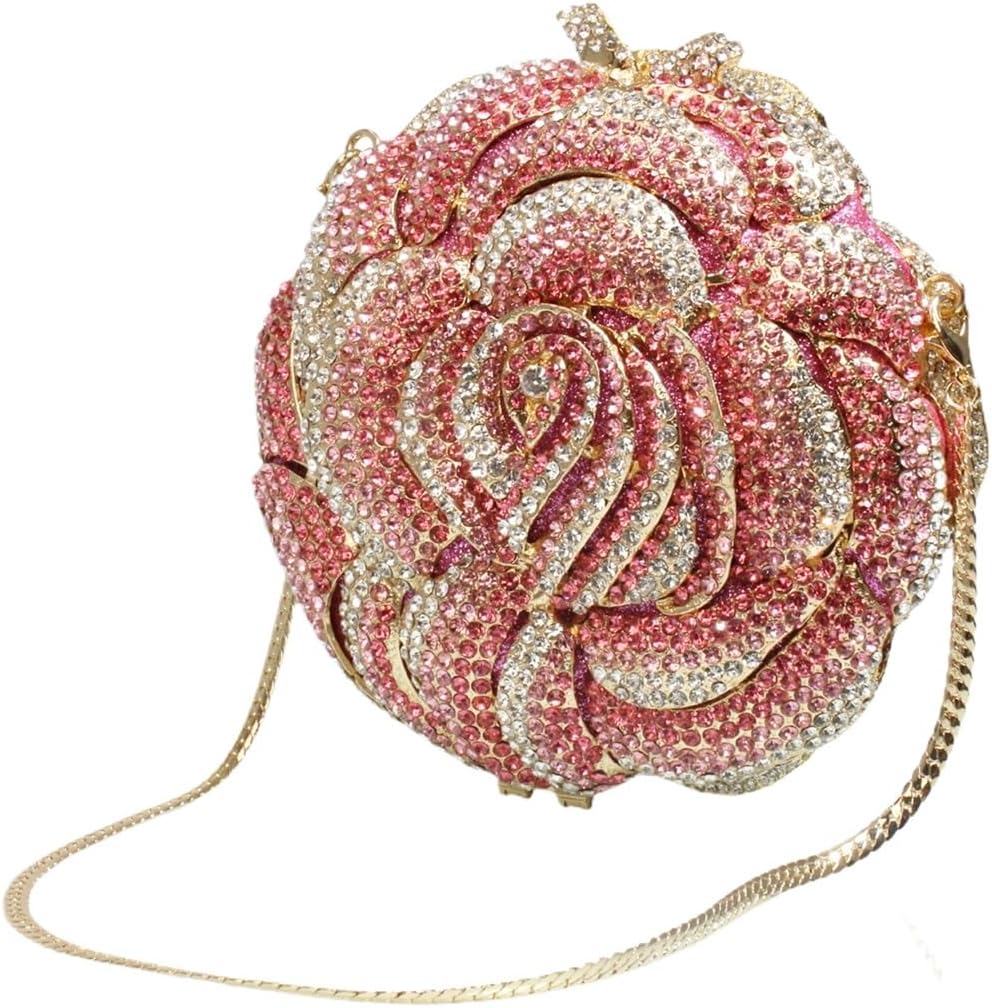 Women Luxury Flower Rhinestones Evening Clutch Round Rose Crystal Wedding Handbags Floral Purse for Prom Cocktail