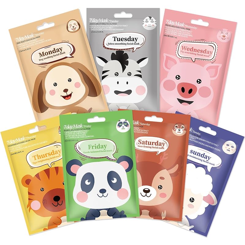 Erinde Máscaras Faciais em Folha com Personagens de Animais, Pacote com 7