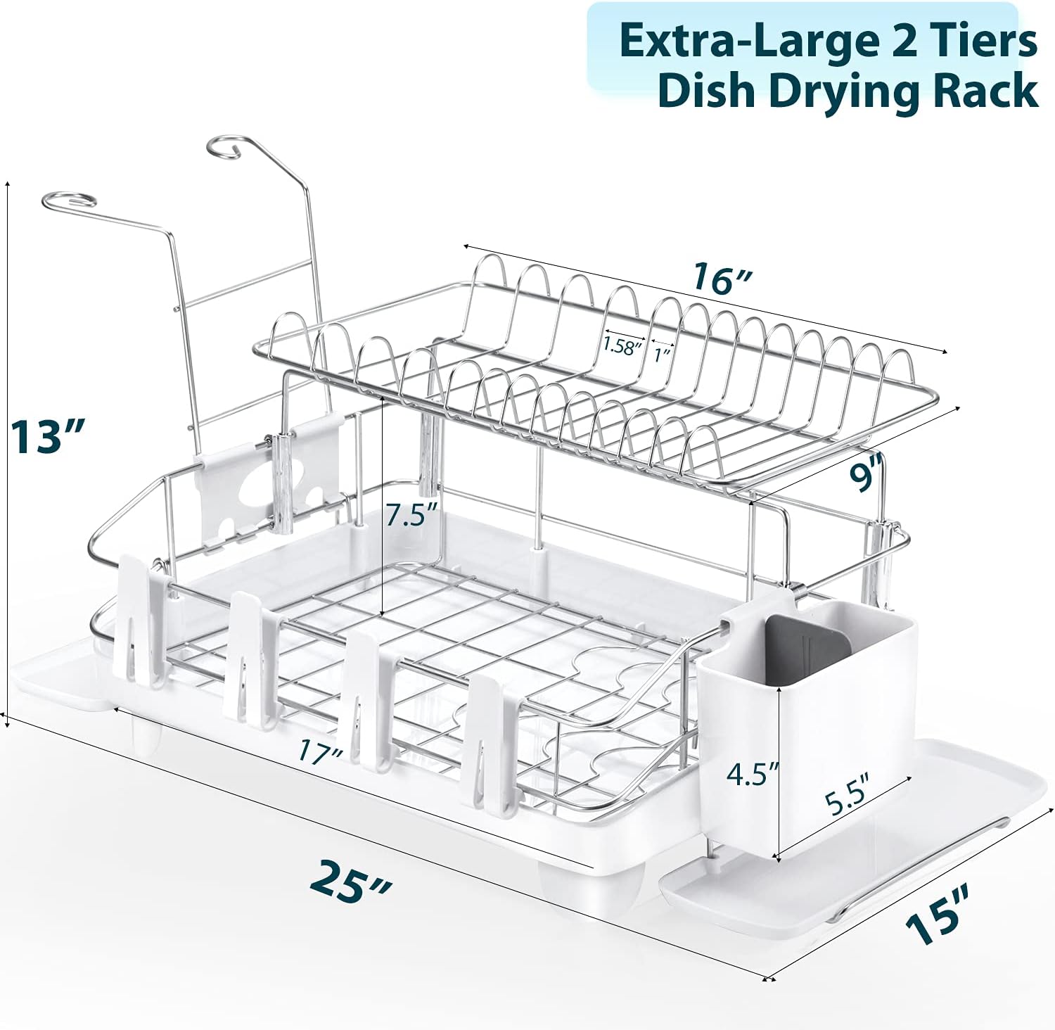 Ohuhu Dish Drying Rack with Drainboard, 2-Tier Stainless Steel Dish Racks with 360-Degree Swivel Spout & Utensil Holder, Large Dish Drainer for Kitchen Counter,27" x 13" x 13"