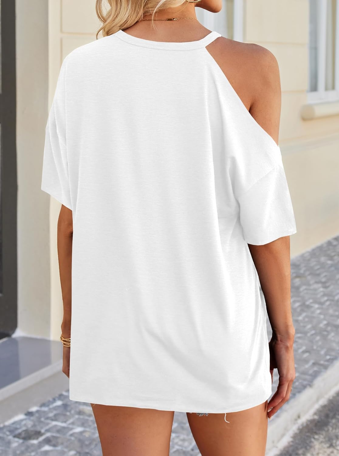 Remidoo Distressed Tshirt Women Short Sleeve Ripped Shirt Off Shoulder Tops Oversized Tee - Image 2