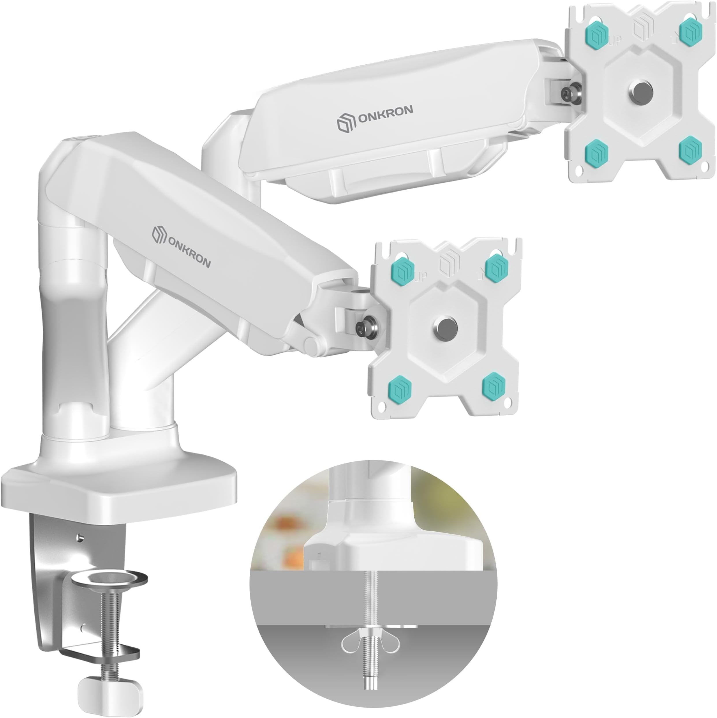 ONKRON Double Monitor Arm for Two 13-32 Inch Screens up to 17.6 lbs (x2), Gas Spring Dual Monitor Arm Desk Mount 75x75 & 100x100 VESA Dual Monitor Mount for Desk with Swivel, Tilt, Rotation White