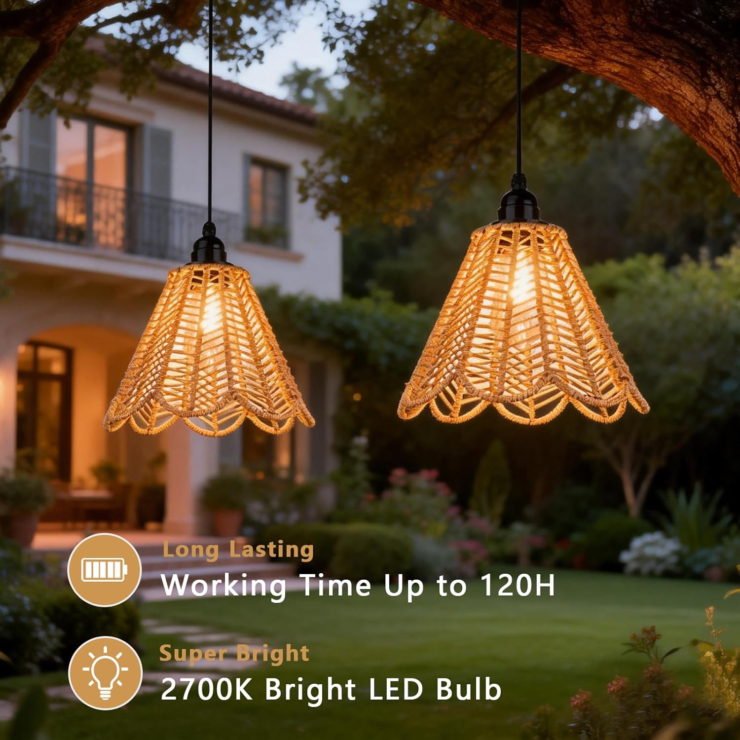 Battery Operated Hanging Outdoor Chandelier, Battery Power Pendant Light, 2 Pack Gazebo Lights Waterproof for Pergola, Porch, Balcony, Patio, Kitchen Islands, Indoor Bedroom Decor Lighting