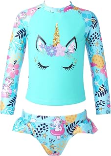 Kids Girls 2 Pcs Mermaid Tankini Set Long Sleeve Rashguard Shirts UV UPF 50+ Bathing Suit Beachwear