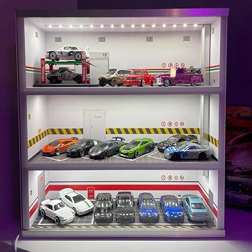 Garage Display Case with LED Lights - Model Car Display for 164 Scale, Mini Car Parking Scene, Collectible Gift Decoration, 3-Layer Model Car Parking Lot Garage.