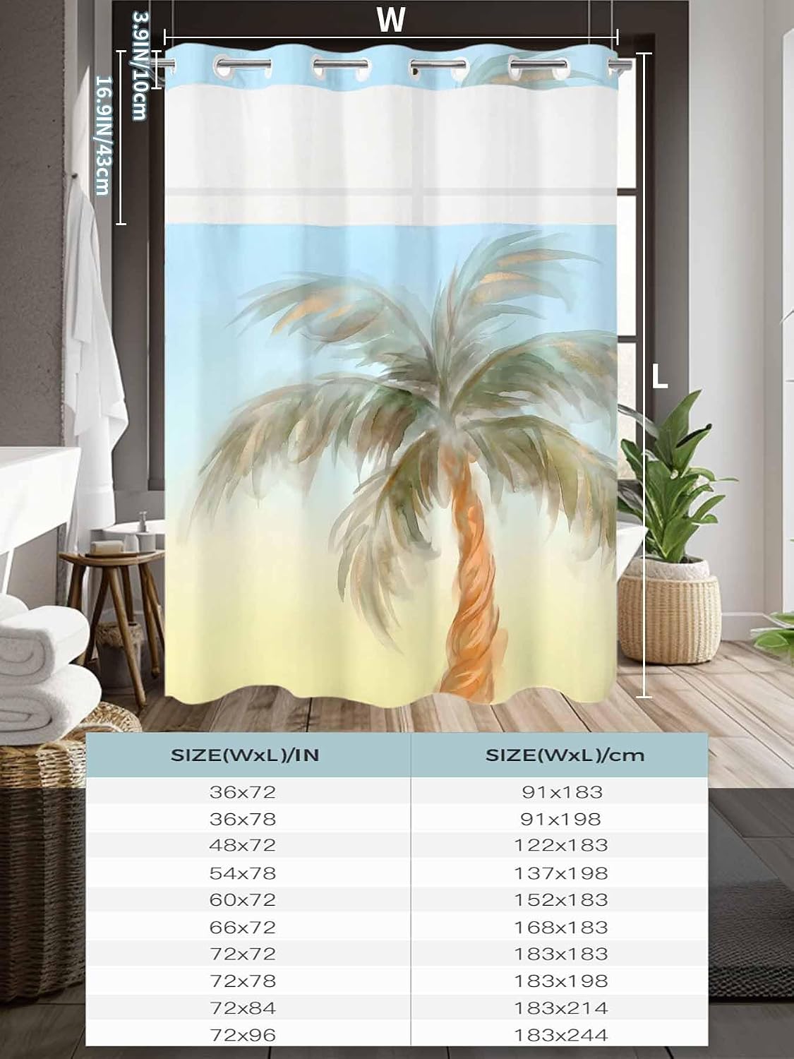 Summer Palm Tree No Hook Shower Curtain with Snap in Liner Coastal Tropical Plant Watercolor Texture Shower Curtain for Bathroom, Fabric Waterproof Inner Liner with Mesh Top Window, 48x72