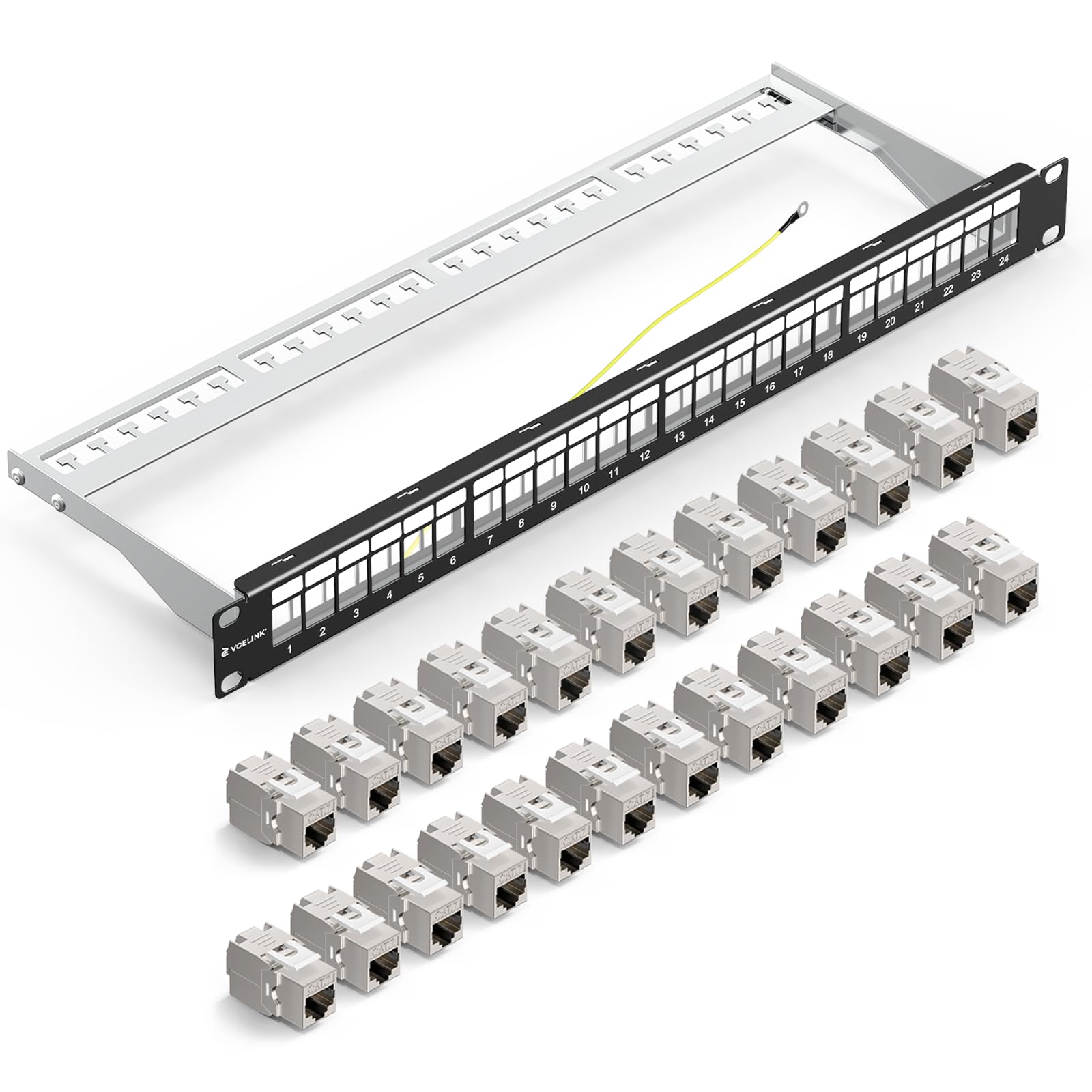 VCELINK Panneau de brassage 10 Gbps 1U avec 24 modules CAT7 Keystone RJ45 | 10 Gbit/s 600 MHz, Montage en Rack 19" avec Guide-Câbles, pour Switch Réseau Haute Vitesse, Serveur et Data Center