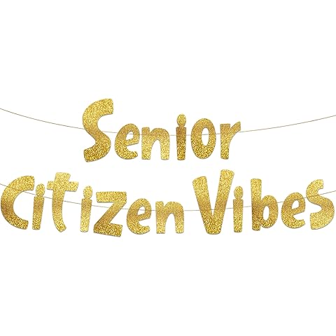 Senior Citizen Vibes Funny Birthday Gold Glitter Banner – Happy Birthday Party Supplies, Ideas, and Gifts – 21st, 30th. 40th, 50th, 60th, 70th, 80th Adult Birthday Decorations