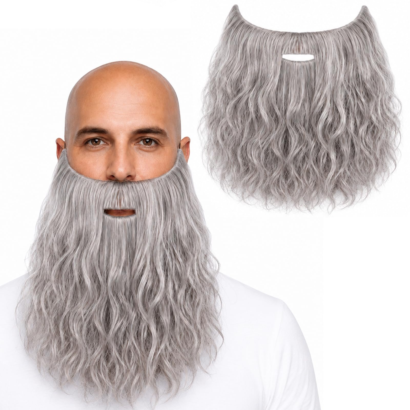 Grey Curly Costume Beard & Mustache Prop Set with Adjustable Elastic Strap – Fake Elder Wizard Disguise Accessory for Halloween, Christmas, Cosplay, Parties & Stage Performances 30 x 20 cm