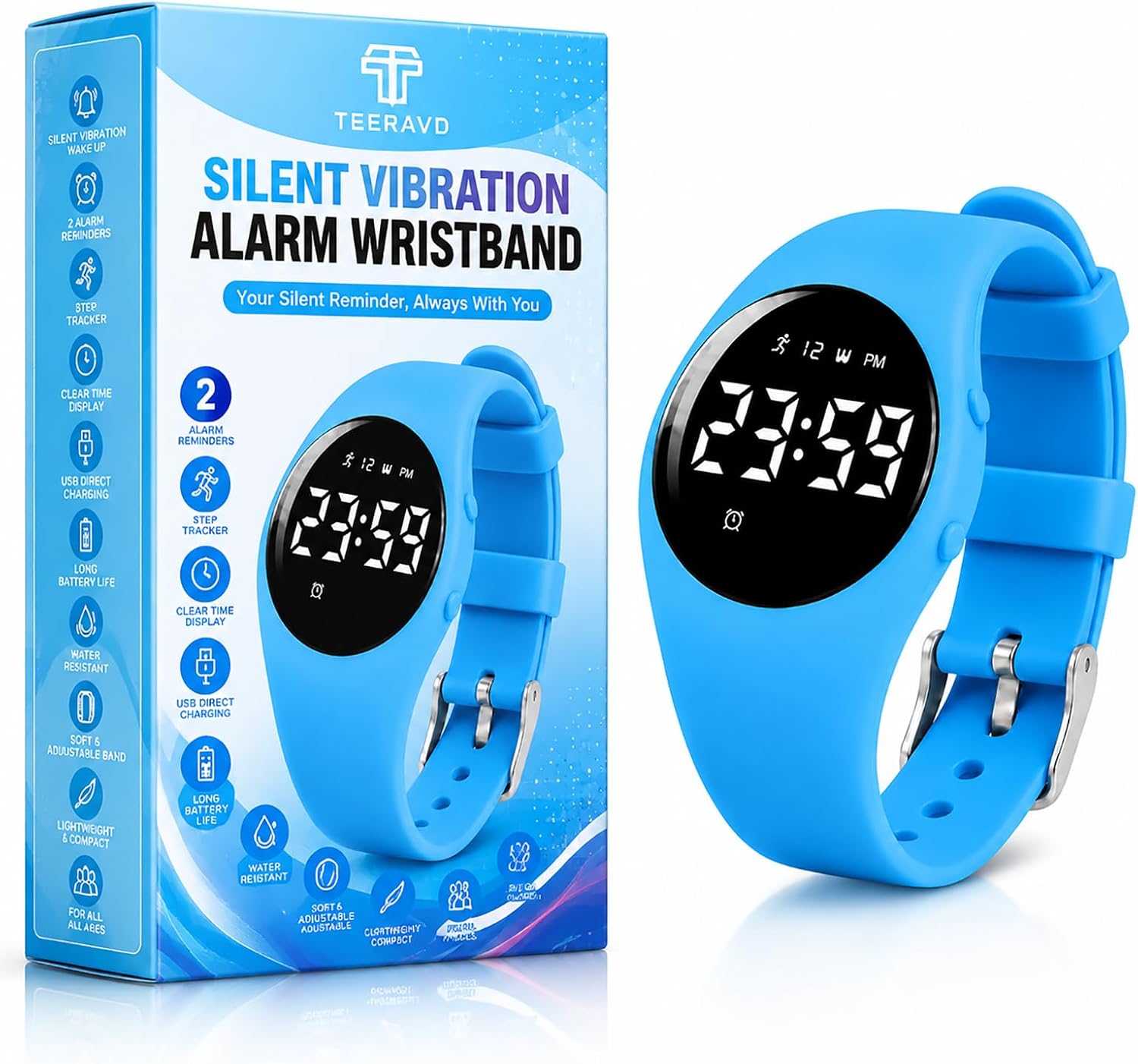 Alarm Clock for Heavy Sleepers Vibrating Wristband Silent Wake Up Watch with Fitness Tracker Step Counter Sleep Tracking Stopwatch Water Resistant Rechargeable Bracelet Adults Teens Kids
