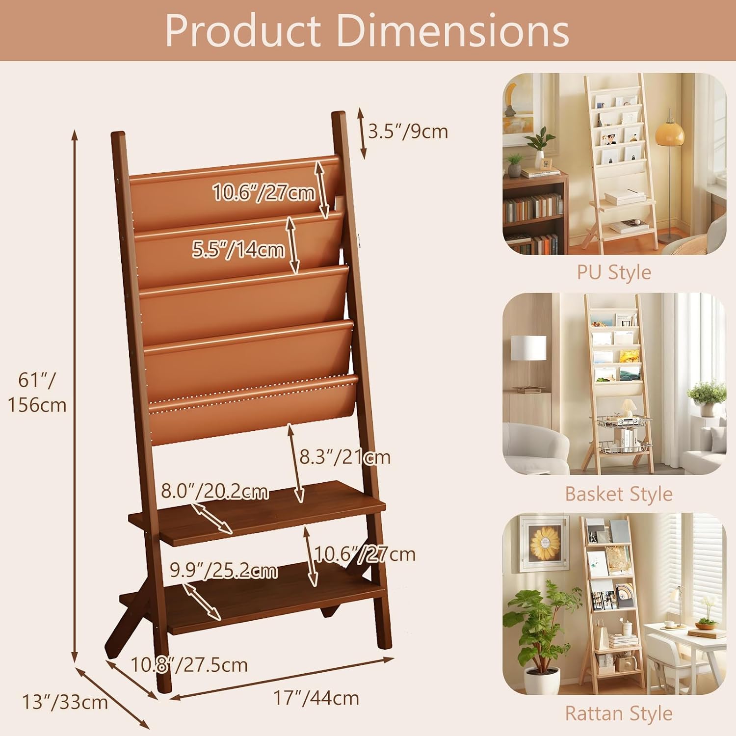 LINLIUA Magazine Holder Floor, Floor Standing Magazine Rack with PU Leather or Rattan Layer, Wooden Brochure Holder, Literature Display Rack for Home Office