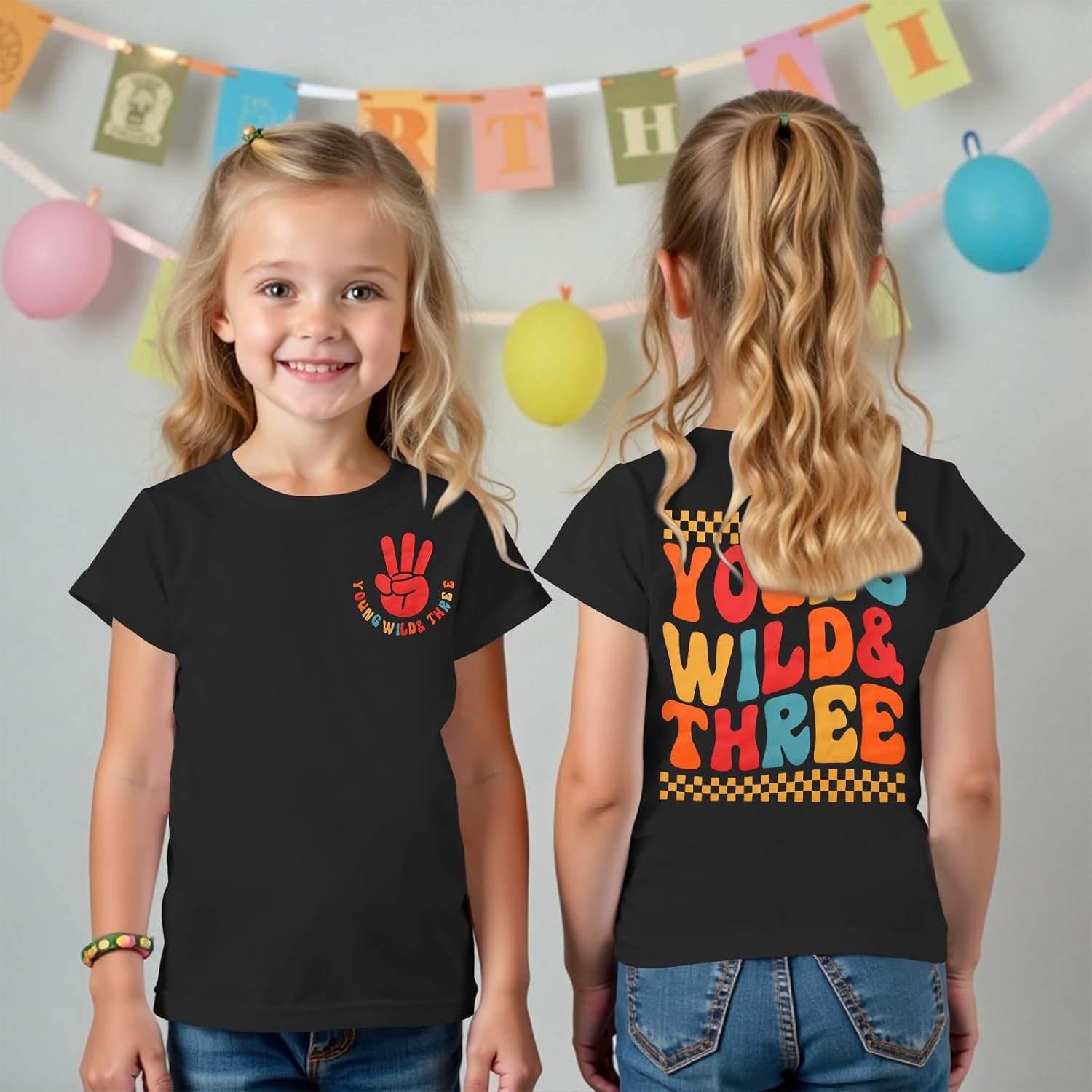 MODNTOGA Toddler Girls Young Wild and Three Shirt Birthday Girl T-Shirt 3rd Birthday Outfit 3 Year Old Third B-Day Party Tops