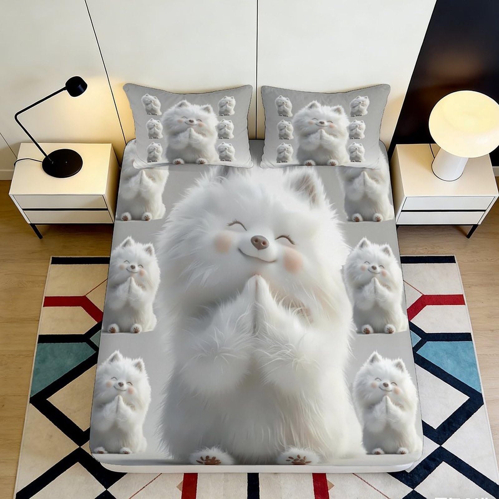3D Printed Fluffy White Cat Fitted Sheet Microfiber Soft Breathable Cute Kitten Mattress Cover for Bedroom Dorm 120x200x25cm