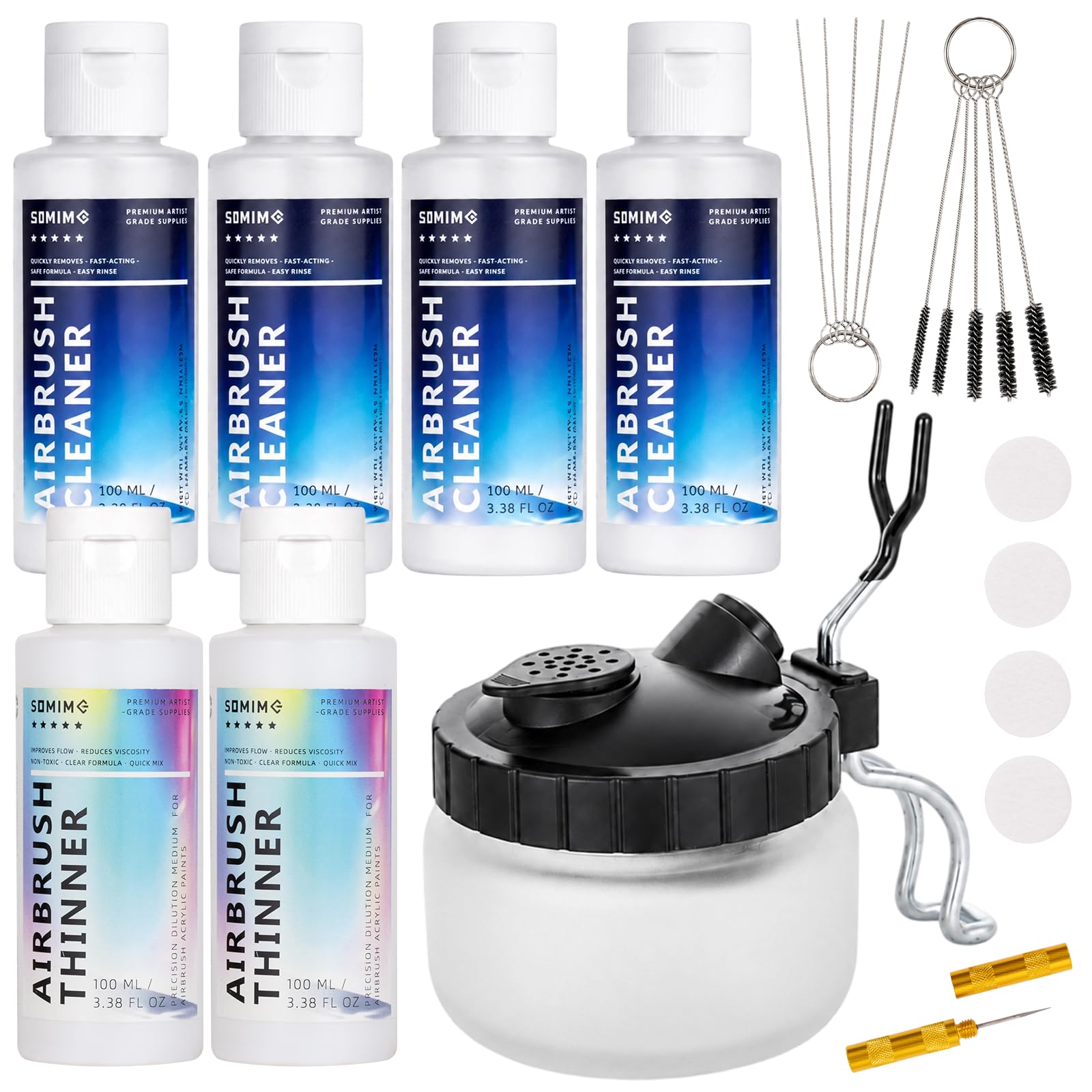 Airbrush Cleaning Kit, 4 Cleaners&amp;2 Thinners with Glass Cleaning Pot