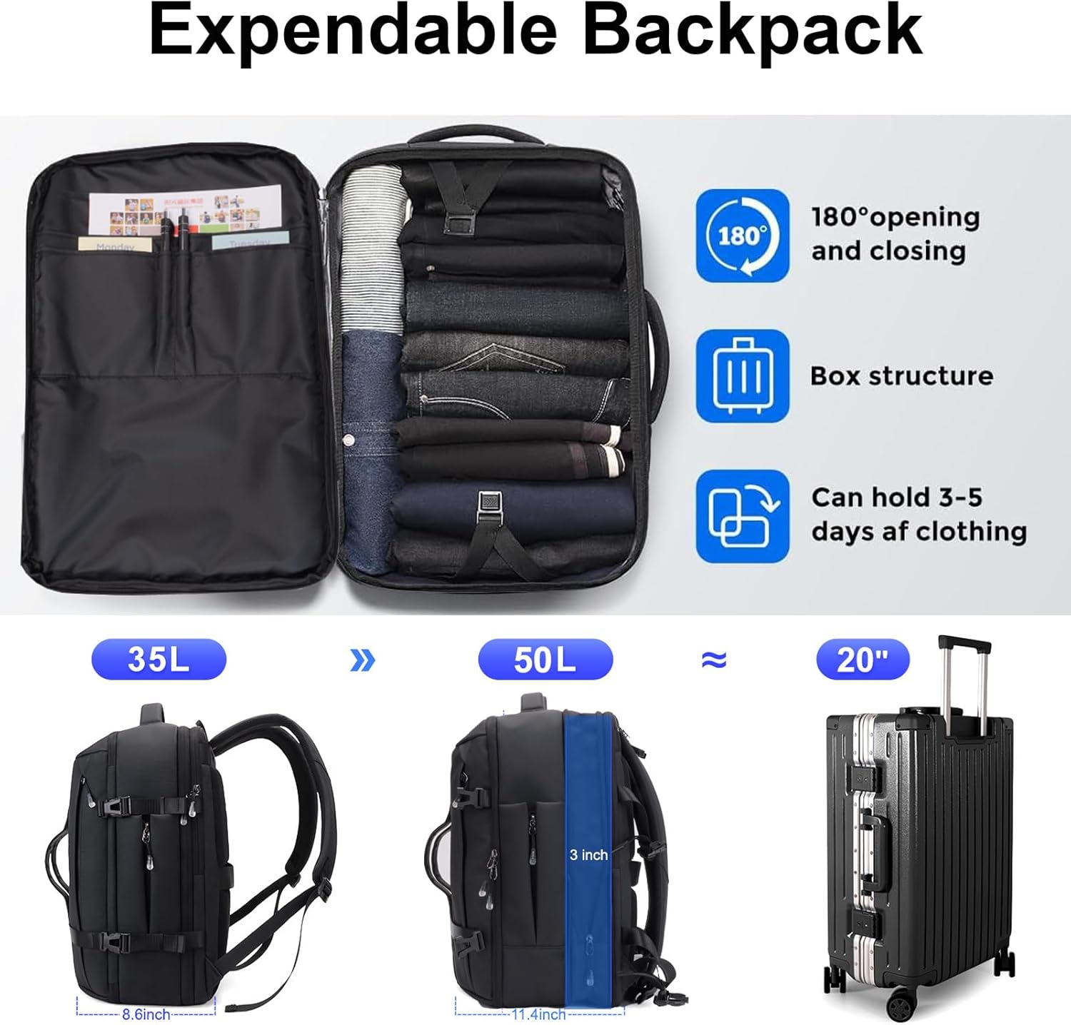 50L Carry on Travel Backpack for Men Women Airline Approved Convertible Duffle Backpack Luggage Bag,TSA Overnight Bags,fits 17" Laptop Smart Backpack-Black