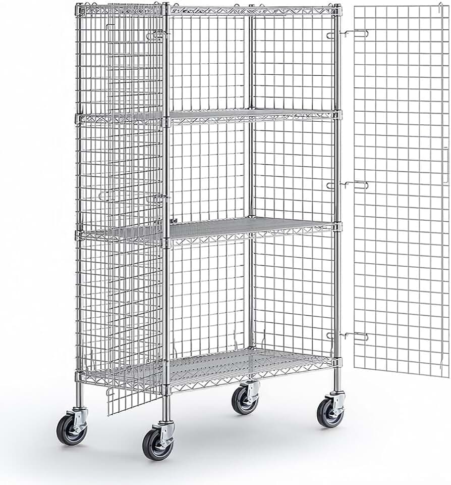 18" x 48" x 69" NSF Heavy Duty Mobile Chrome Wire Shelves with Security Cage Kit, 4 Tier Metal Commercial Storage Rack with Wheels