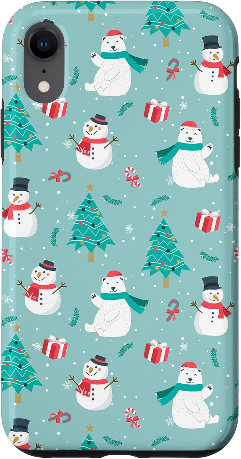 iPhone 14 Pro Max Polar Bear Snowman Tree Christmas Design Green Phone Cover Case