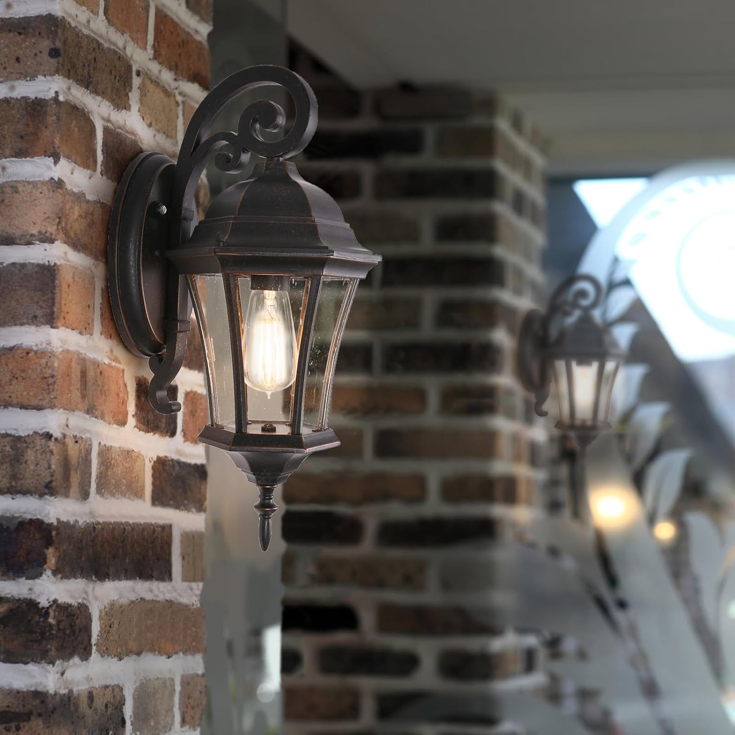 Dusk to Dawn Wall Light Outdoor 18” High, Antique Bronze Exterior Wall Lantern for with Clear Seeded Glass 2 Pack Porch Light Fixture for Garden and Yard, LMMS3601-DNS-2P