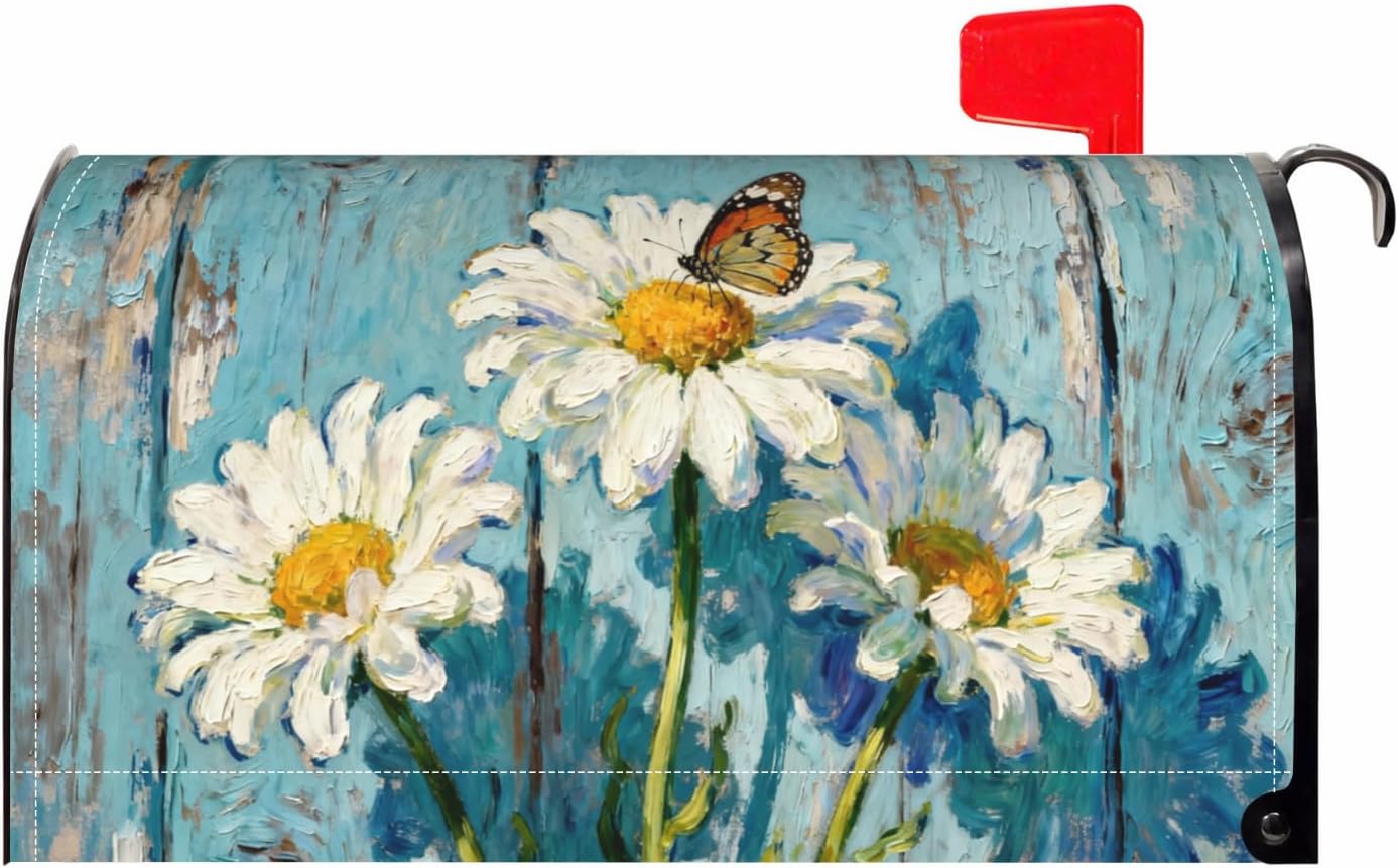 Daisy Floral Mailbox Covers Magnetic Standard Size Spring Summer Theme Woodgrain Flower Butterfly Print Seasonal Outdoor Decorative Letter Box Cases for Home Garden Outside Decor, 21x18 Inch