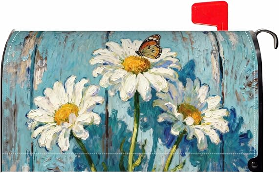 Daisy Floral Mailbox Covers Magnetic Standard Size Spring Summer Theme Woodgrain Flower Butterfly Print Seasonal Outdoor Decorative Letter Box Cases for Home Garden Outside Decor, 21x18 Inch