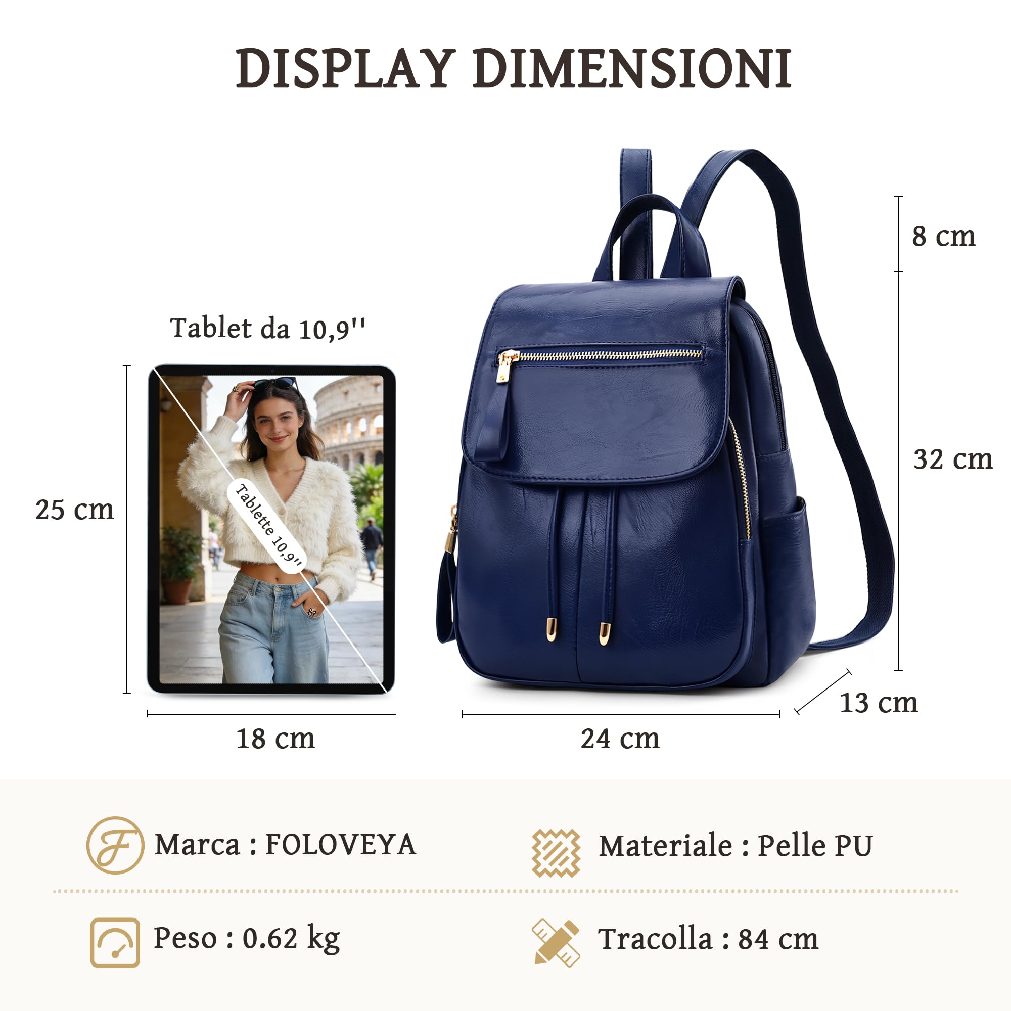 Zaino Donna Antifurto Elegante Zainetto Piccolo Impermeabile Pelle PU Borsa Zaino Moda con Tasche Multiple Zaino per Viaggio Casual Lavoro Shopping Università Blu