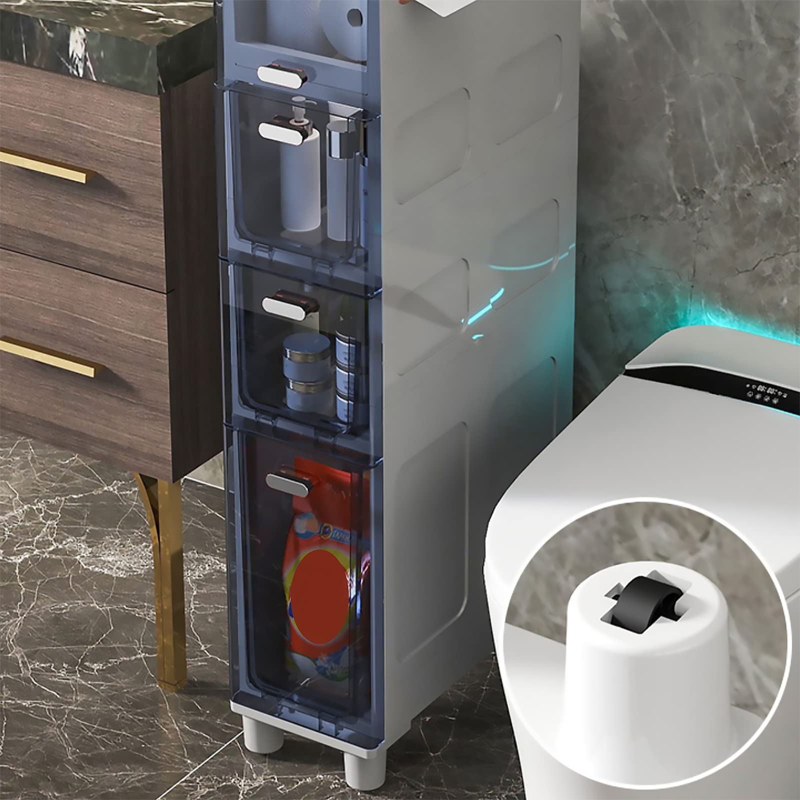 バスルーム キャビネット 5段 収納 引き出し 棚 スリム Amazon.co.jp: WuDLi バスルームフロアキャビネット 細長い