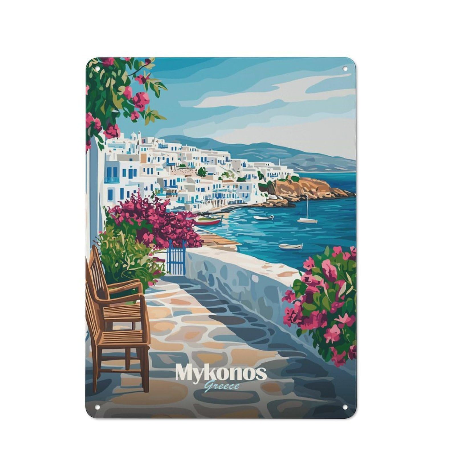 Farmhouse Metal Sign with Mykonos Greece Landscape Design 40x30cm, Rustic Country Wall Plaque for Cottage, Kitchen, Hallway Or Breakfast Nook