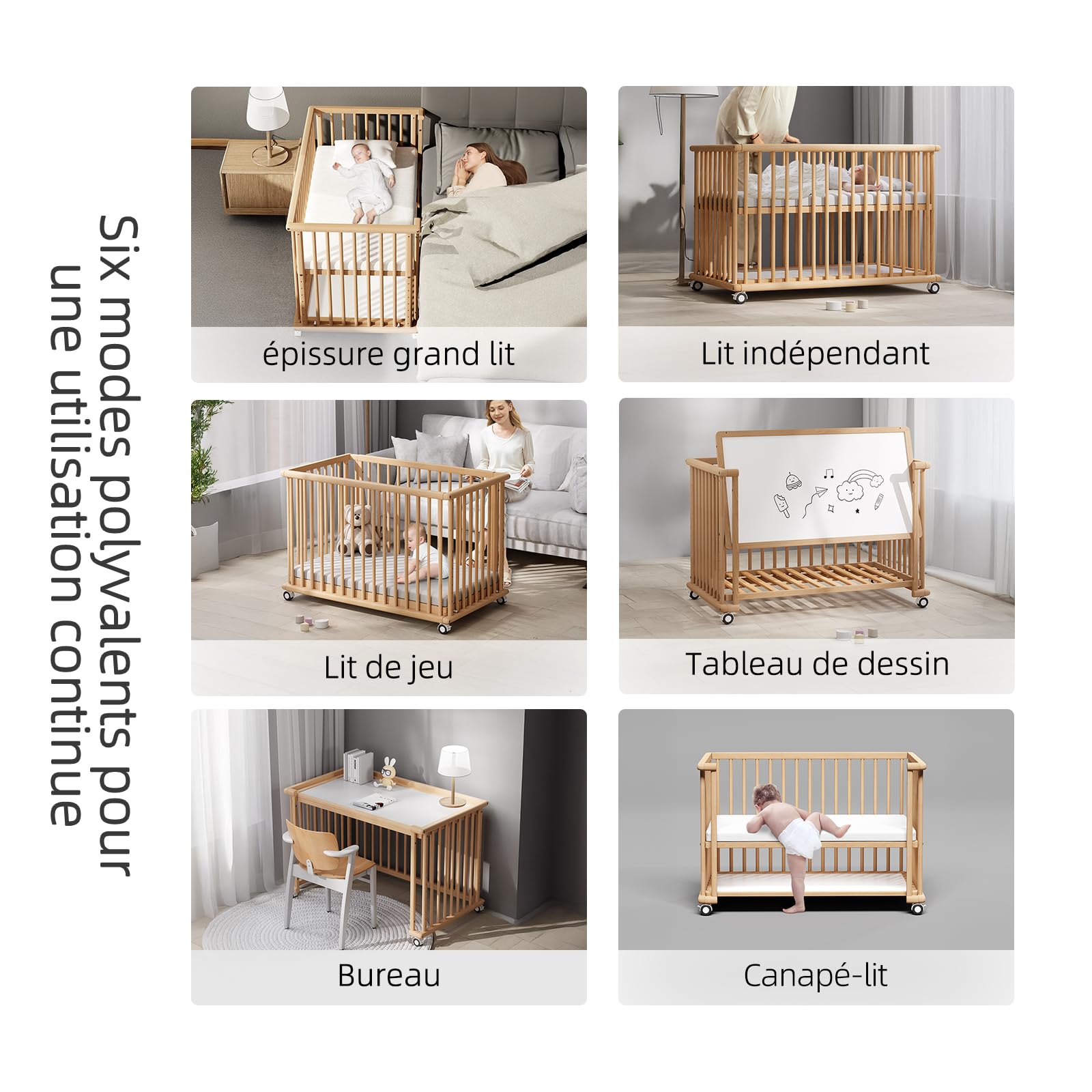 Lit Bebe evolutif 6 en 1 -Lit pour Bebe,Cododo,Canapé-lit et Parc,Ardoise,Lit à barreaux，Bureau,en Hêtre Massif Naturel,Lit Bébé (Bois)