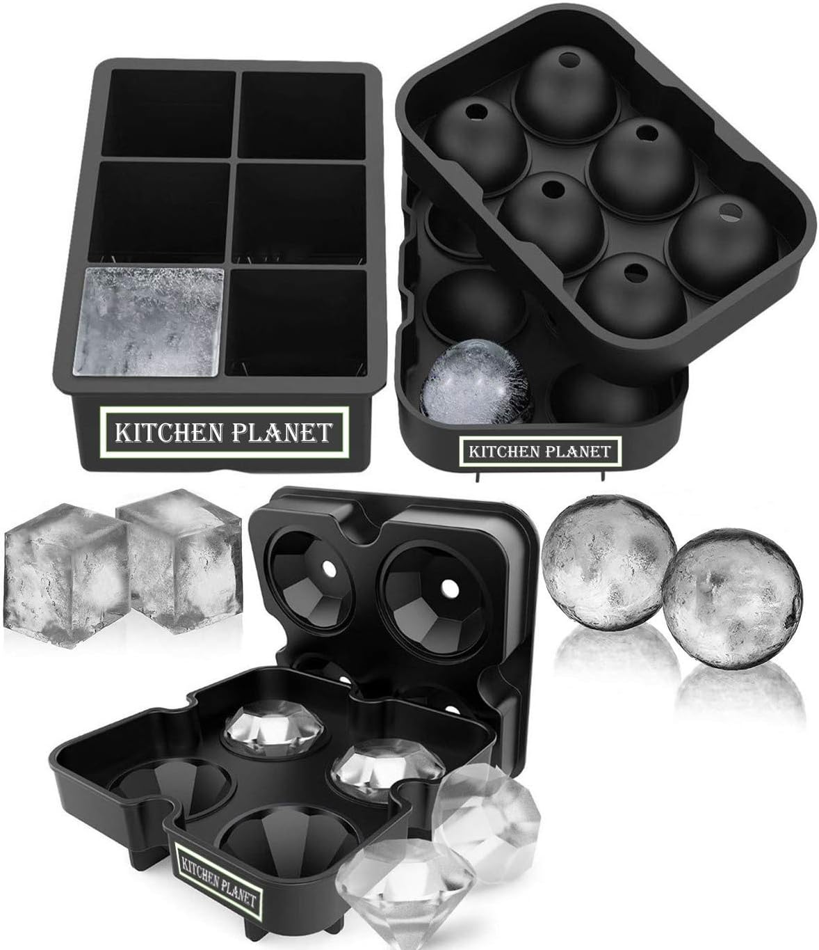 Ice Cube Trays Silicone Variety - Set of 3, Large Ice Cube Mold for Whiskey or Drinks, Sphere Ice Ball Maker & Diamond Ice Cube Tray with Lid, Improved Design, Funnel & Syringe Included