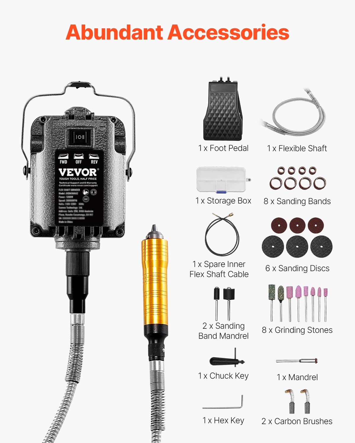 VEVOR Amoladora de Eje Flexible, Herramienta Rotativa Eléctrica de Eje Flexible de 1200 W y 30 000 RPM, con 31 Accesorios y Pedal para Tallar, Pulir, Taladrar y Pulir, 1260 x 115 x 95 mm, Negro