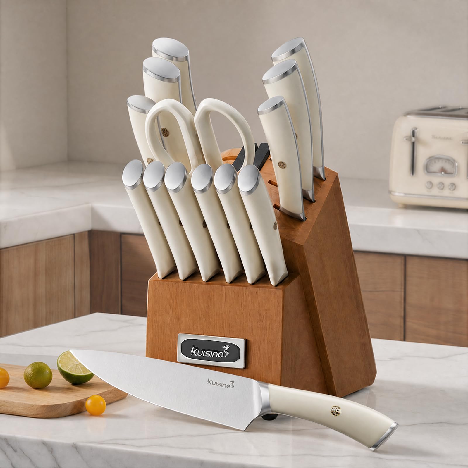 KUISINE Upgraded Sharp Chef Knife Set,High Carbon Stainless Steel Ergonomic Rivet Handle,Knife Block Set with Built-in Sharpener(Acacia Ivory Pro,15PCS) — Amazon image 9