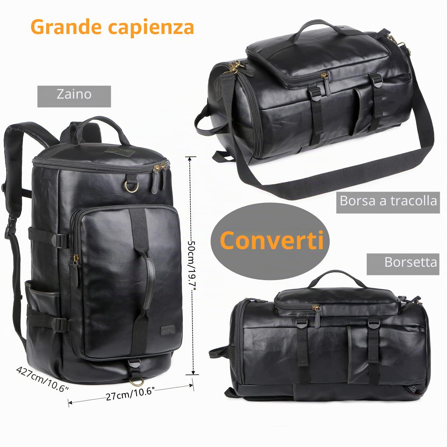 BAOSHA HB-26 Borsone da Uomo in Pelle a 3 Vie per Viaggio, Escursionismo, Fine Settimana - Zaino Convertibile, Borsa Tote, Tracolla