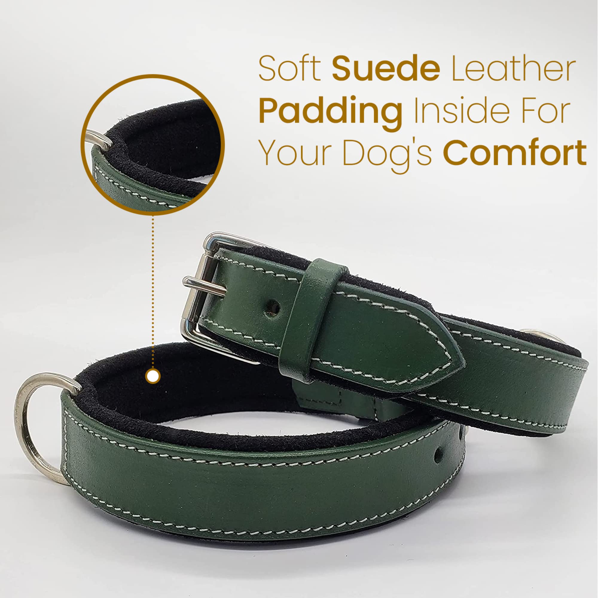 Pawficer - Collar de perro de cuero grueso y acolchado suave personalizado con nombre grabado, cuero verde con acolchado de gamuza negra (L: 17-20 pulgadas, verde, con nombre grabado)