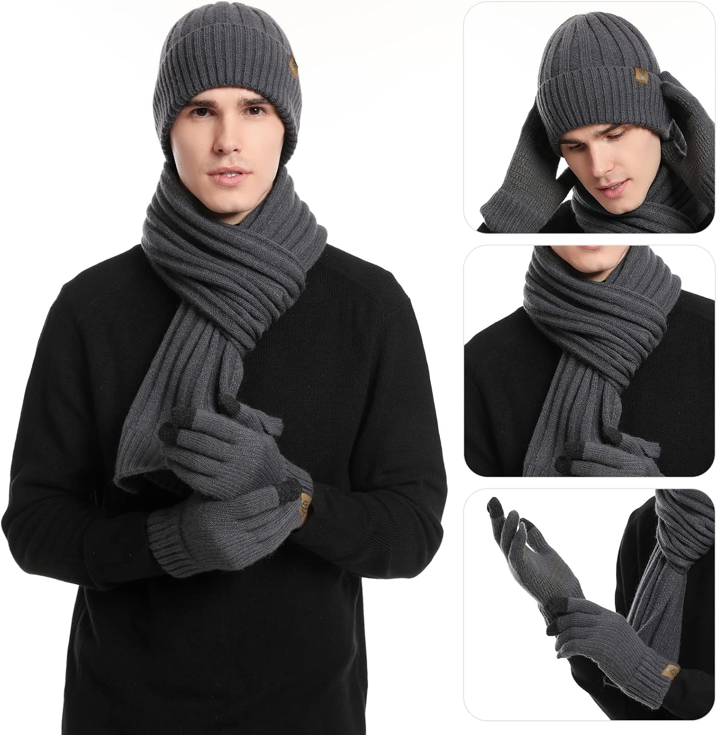 Winter Scarf for Men with Beanie Hat and Touchscreen Gloves Set Warm Cap Fleece Men's Scaves Nonslip Gloves Set for Men Women