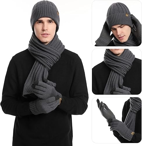 Miniatura 5 de Honnesserry Bufanda de invierno para hombre con gorro y guantes para pantalla táctil, conjunto de guantes antideslizantes para hombre