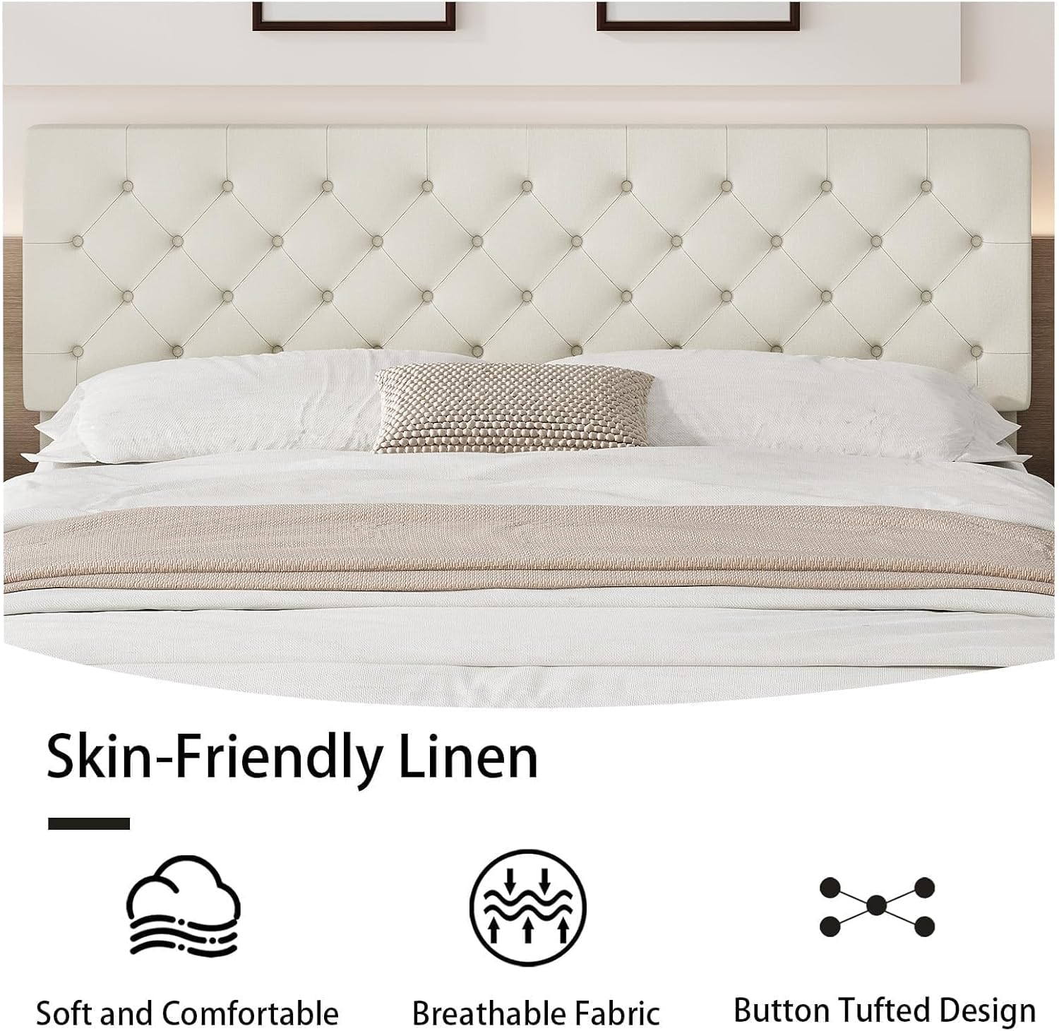 BarnFurin King Bed Frame, Upholstered Platform Bed with Button Tufted Headboard, Fabric Bed Frame with Wooden Slats Support, No Box Spring Required, Easy Assembly, Cream