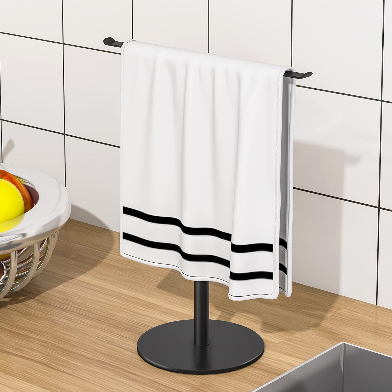 1Easylife Towel Rack T-Shaped Hand Towel Holder, Stainless Steel Fingertip Towel Stand Height 12.2” with Balanced Base for Bathroom or Vanity, Waterproof and Non-Slip Design, Black : Home & Kitchen