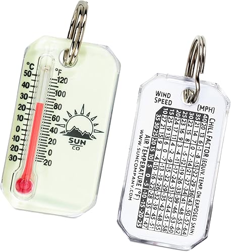 Sun Company LumaZip - Termómetro con cremallera que brilla en la oscuridad para chaqueta, parka o mochila Mini termómetro de llavero para