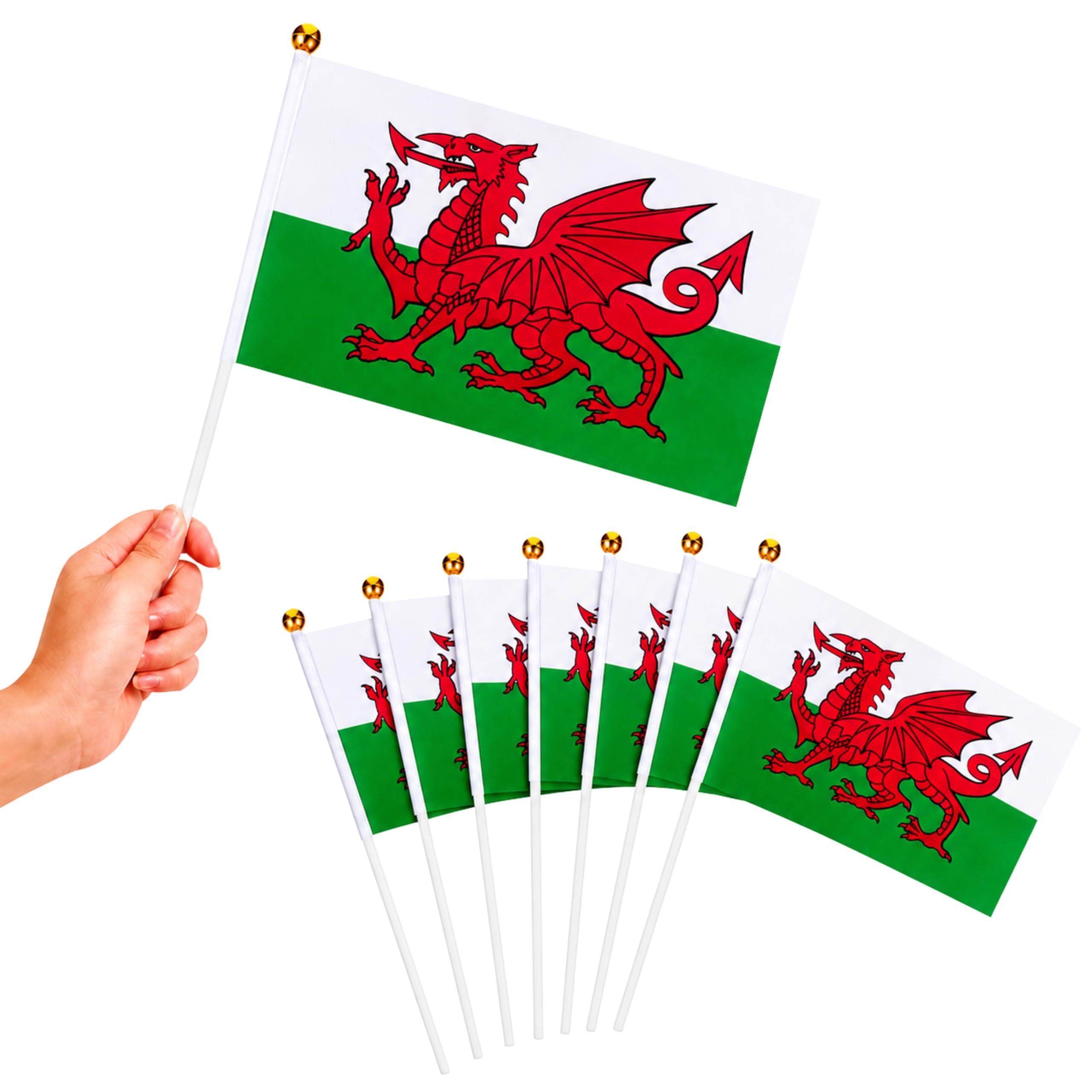 10Pcs Wales Hand Waving Flags 15 x 21cm with 30cm Pole – Double Sided Welsh Dragon Hand Flags for Football Matches, Garden Decorations, Pub Events and Street Parties