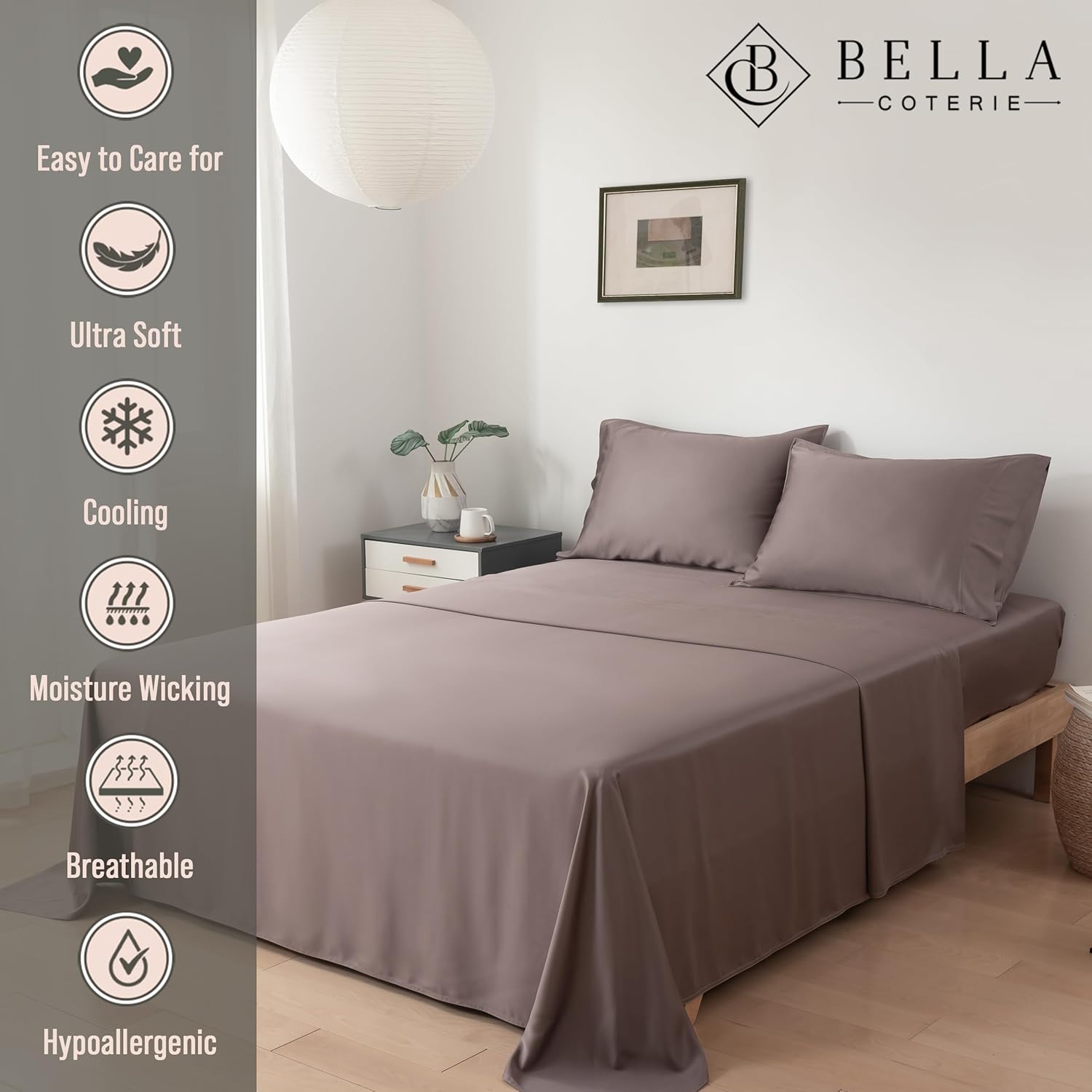 Bella Coterie Luxury Bamboo Viscose Cal King Size Sheet Set | 100% Organically Grown | Ultra Soft | Cooling for Hot Sleepers | 18" Deep Pocket [Mocha] - Image 2