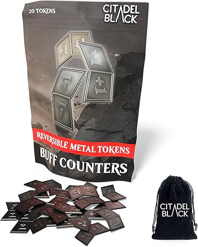 Citadel Black MTG Buff Contadores +1/+1 y -1/-1 Juego de 20 fichas de metal - con bolsa de terciopelo con cordón, fichas de metal con acabado