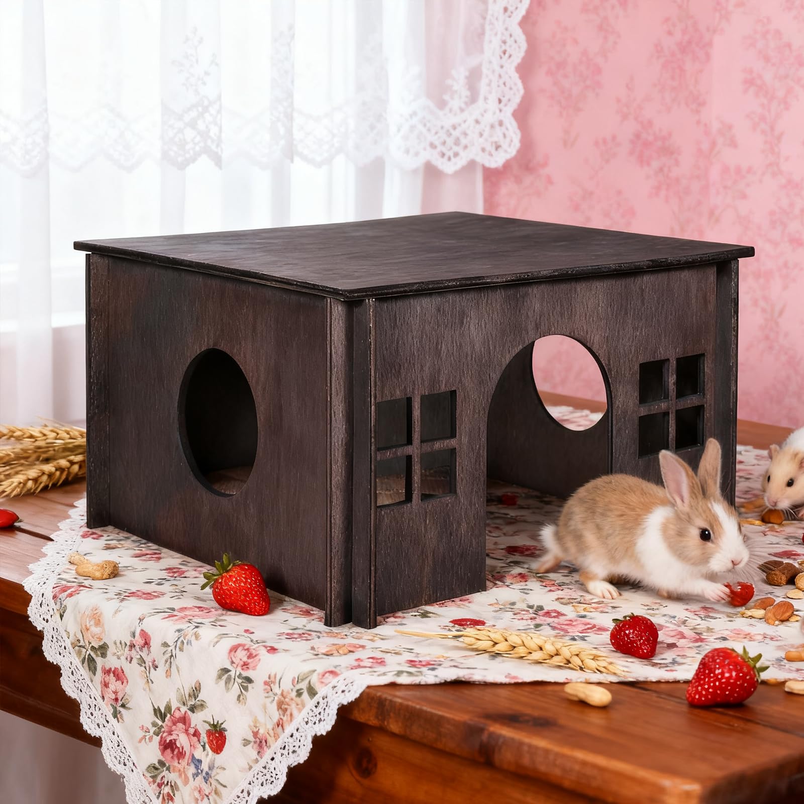 WHEARTED Hamster Hideout, Wooden Guinea Pig House with Windows, Detachable - Image 3